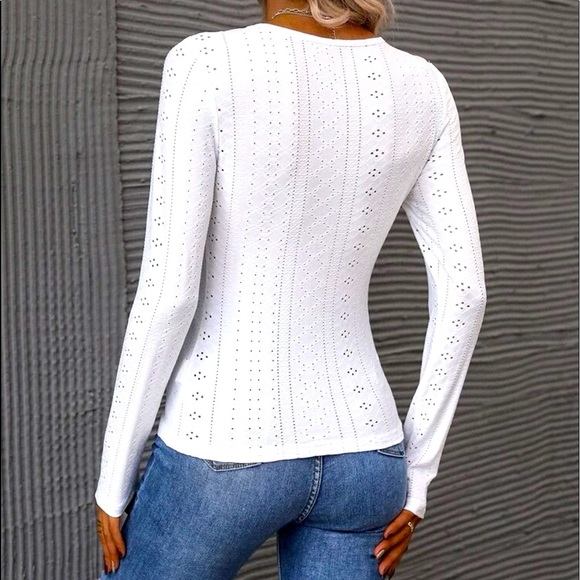 White Eyelet Embroidered Polkadot Mesh Top - Picture 3 of 8
